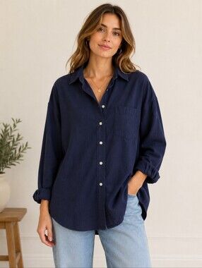 Frank & Eileen Shirley Oversized Button Front Shirt Navy Blue Size L